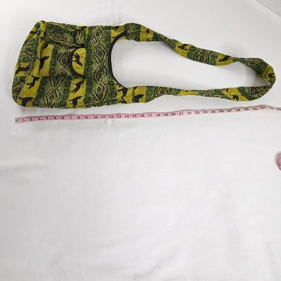 Woven Embroidered Black Green Yellow Wolf Hippie Boho Crossbody Bag - Picture 5 of 7